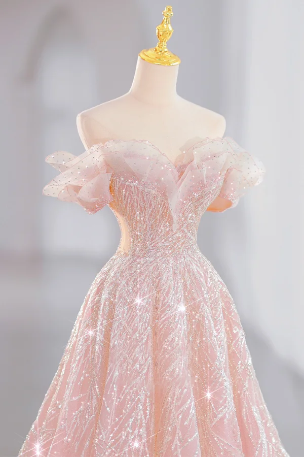 Glitzernden Pink Perlenstickerei Pailletten Ballkleider 2023 A Linie Off Shoulder Ärmellos Rückenfreies Sweep / Pinsel Zug Ball Festliche Kleider