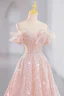 Glitzernden Pink Perlenstickerei Pailletten Ballkleider 2023 A Linie Off Shoulder Ärmellos Rückenfreies Sweep / Pinsel Zug Ball Festliche Kleider