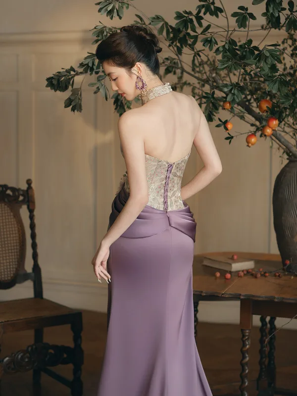 Amazing / Unique Lavender Appliques Printing Evening Dresses 2025 Trumpet / Mermaid Strapless Sleeveless Backless Sweep Train Evening Party Formal Dresses