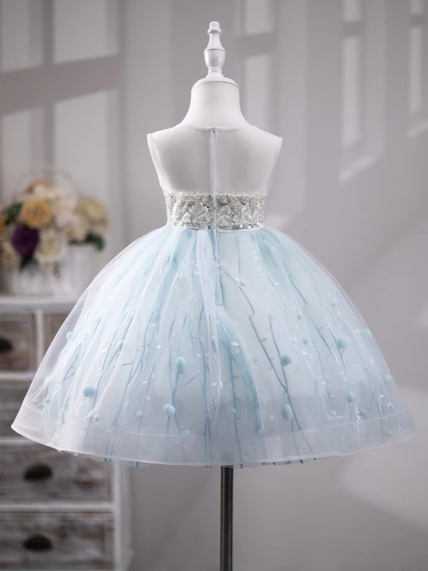 Charming Sky Blue Beading Pearl Sequins Birthday Flower Girl Dresses 2023 Ball Gown Scoop Neck Sleeveless Backless Floor-Length / Long