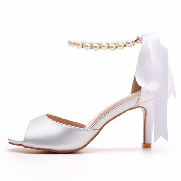 Elegante Weiß Perle Brautschuhe 2024 Knöchelriemen Schleife 7 cm Stilettos Spitzschuh Hochzeit Sandaletten Hochhackige