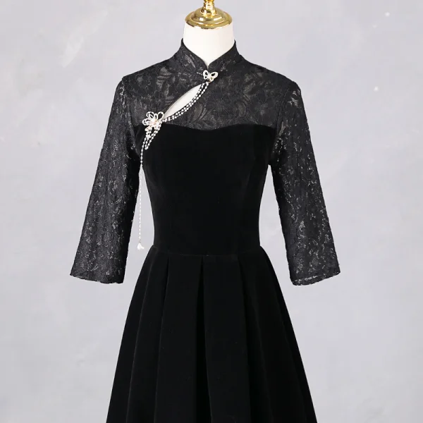Chinese style Black Prom Dresses 2024 A-Line / Princess High Neck Short Sleeve Backless Floor-Length / Long Prom Formal Dresses