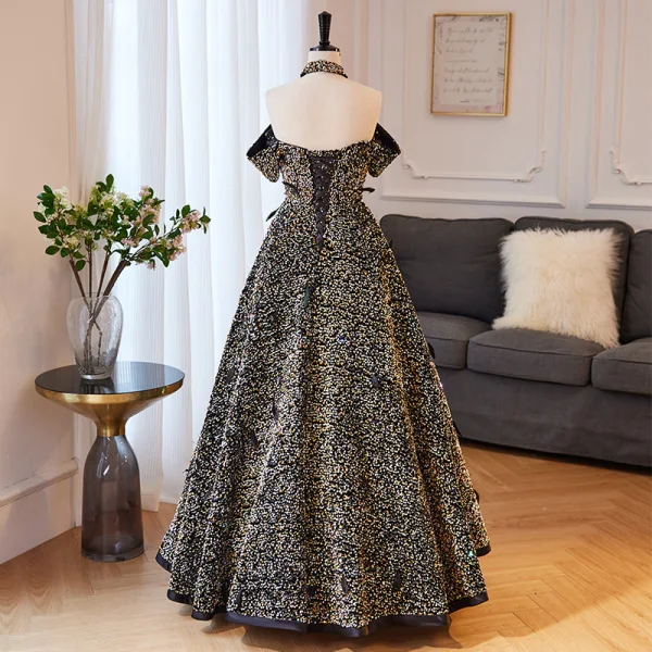 Bling Bling Noire Paillettes Robe De Bal 2023 Princesse De l'épaule Manches Courtes Dos Nu Noeud Longue Promo Robe De Ceremonie