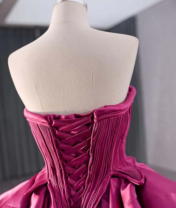 High-end Fuchsia Cascading Ruffles Satin Prom Dresses 2024 Ball Gown Strapless Sleeveless Backless Tea-length Prom Formal Dresses