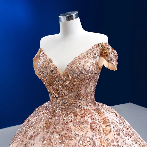 Luxury / Gorgeous Sparkly Gold Handmade  Beading Sequins Wedding Dresses 2022 Ball Gown Off-The-Shoulder Sleeveless Backless Chapel Train Wedding