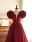 Vintage / Retro Burgundy Flower Short Sleeve Prom Dresses 2024 A-Line / Princess Off-The-Shoulder Backless Floor-Length / Long Prom Formal Dresses