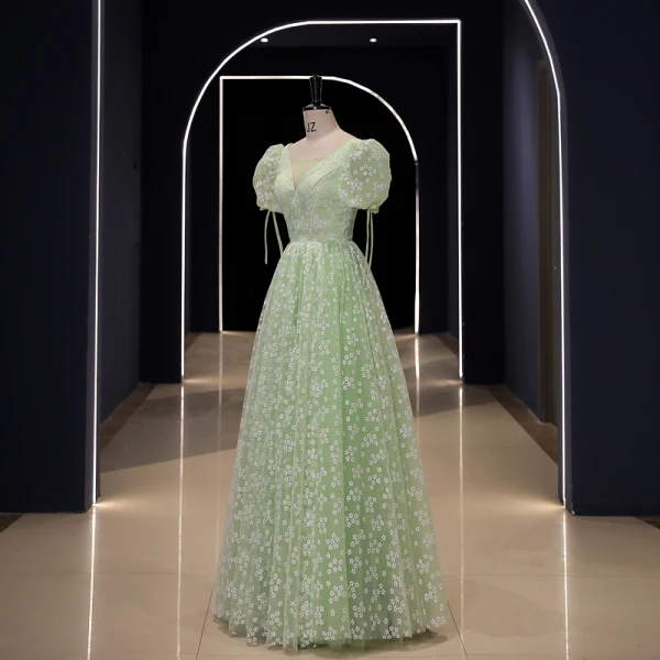 Chic / Beautiful Sage Green Floral Outdoor / Garden Prom Dresses 2023 A-Line / Princess Scoop Neck Short Sleeve Backless Floor-Length / Long Prom Formal Dresses