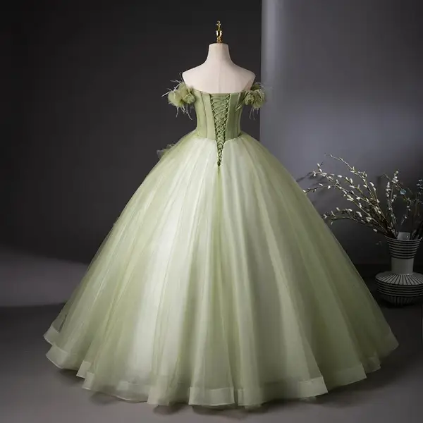 Elegant Sage Green Appliques Ball Gown Prom Dresses 2024 Strapless Sleeveless Backless Floor-Length / Long Prom Formal Dresses