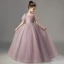 Chic / Beautiful Purple Pearl Prom Flower Girl Dresses 2022 Ball Gown Square Neckline Short Sleeve Backless Floor-Length / Long