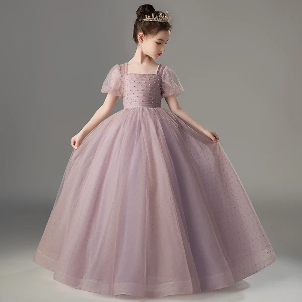 Chic / Beautiful Blushing Pink Pearl Birthday Flower Girl Dresses 2022 Ball Gown Square Neckline Short Sleeve Backless Floor-Length / Long Flower Girl Dresses