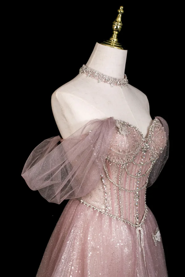Charmant Bling Bling Rougissant Rose Perlage Faux Diamant Paillettes Robe De Bal 2025 Princesse De l'épaule Manches Courtes Dos Nu Longue Promo Robe De Ceremonie