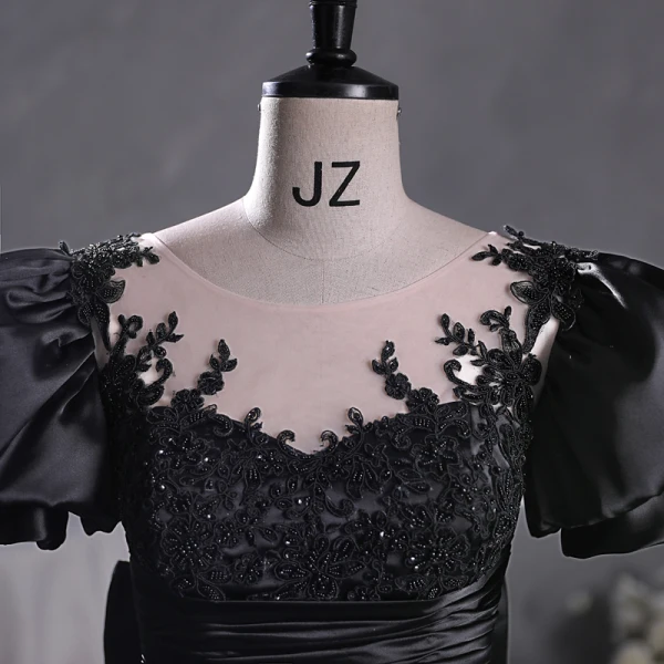 Vintage Schwarz Perlenstickerei Spitze Blumen Satin Ballkleider 2023 Ballkleid Rundhalsausschnitt Kurze Ärmel Schleife Lange Ball Festliche Kleider