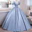 Chic / Beautiful Sky Blue Prom Dresses 2023 Ball Gown Pearl Square Neckline Puffy Short Sleeve Backless Bow Sash Floor-Length / Long Prom Formal Dresses