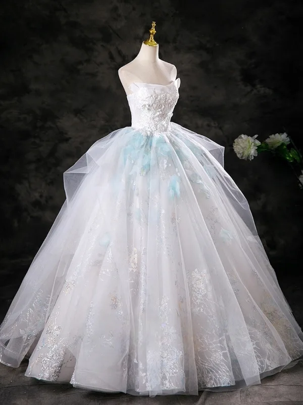Charmant Blanche Perlage Perle En Dentelle Fleur Appliques Robe De Bal 2025 Robe Boule Bustier Sans Manches Dos Nu Longue Robe De Ceremonie