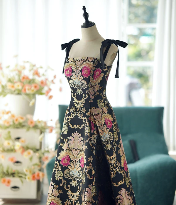 Vintage / Retro Black Printing Prom Dresses 2024 A-Line / Princess Spaghetti Straps Sleeveless Backless Floor-Length / Long Prom Formal Dresses