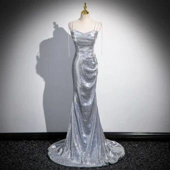 Sexy Sparkly Silver Sequins Evening Dresses 2024 Trumpet Mermaid Spaghetti Straps Sleeveless Backless Sweep Train Evening Party Formal Dresses