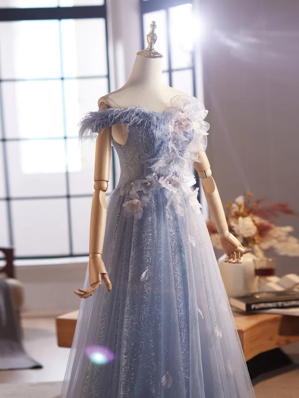 Chic / Beautiful Sky Blue Beading Tassel Appliques Sequins Prom Dresses 2025 A-Line / Princess Off-The-Shoulder Short Sleeve Backless Floor-Length / Long Formal Dresses