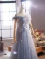Chic / Beautiful Sky Blue Beading Tassel Appliques Sequins Prom Dresses 2025 A-Line / Princess Off-The-Shoulder Short Sleeve Backless Floor-Length / Long Formal Dresses
