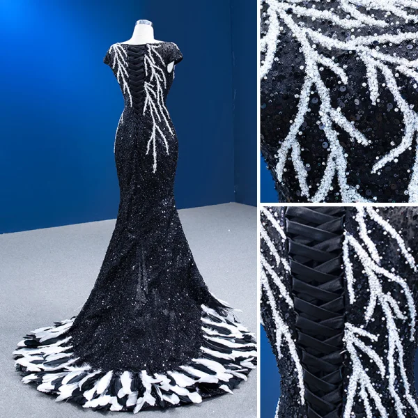 Luxe Noire Fait main Perlage Paillettes Plumes Robe De Soirée Encolure Dégagée Manches Courtes Train De Balayage Soirée Robe De Ceremonie