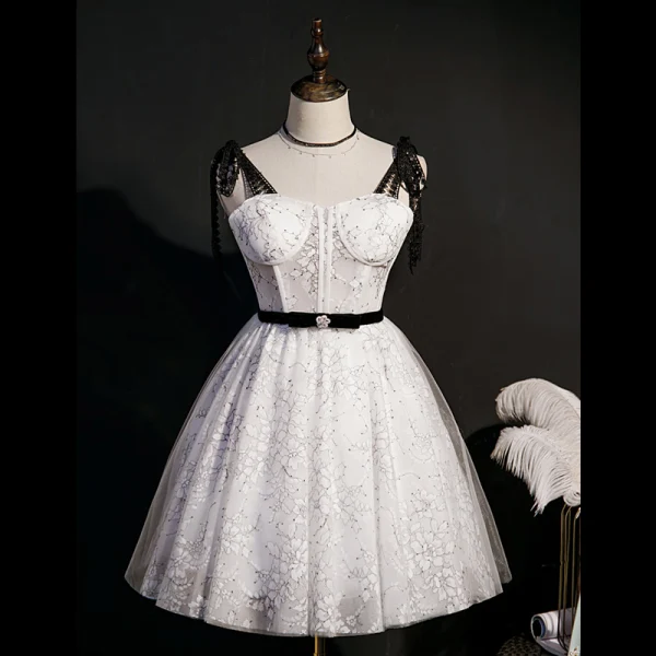 Sexy White Birthday Party Dresses 2022 A-Line / Princess Spaghetti Straps Sleeveless Backless Bow Sash Floor-Length / Long Formal Dresses