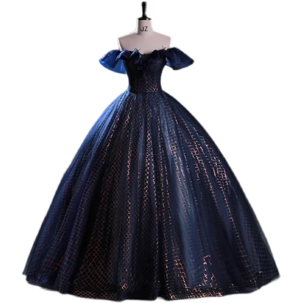 Vintage / Originale Bleu Marine Paillettes Robe De Bal 2023 Robe Boule De l'épaule Gland Sans Manches Dos Nu Longue Promo Robe De Ceremonie