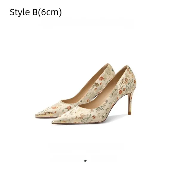 Chic / Beautiful Champagne Floral Embroidered Prom Pumps 2026 Leather 8 cm Stiletto Heels Pointed Toe Pumps High Heels