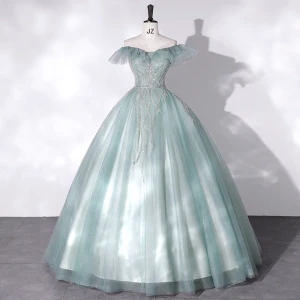 Mode Vert Robe De Bal 2022 Robe Boule De L Épaule Sans Manches Dos Nu Perlage Paillettes Longue Promo Robe De Ceremonie