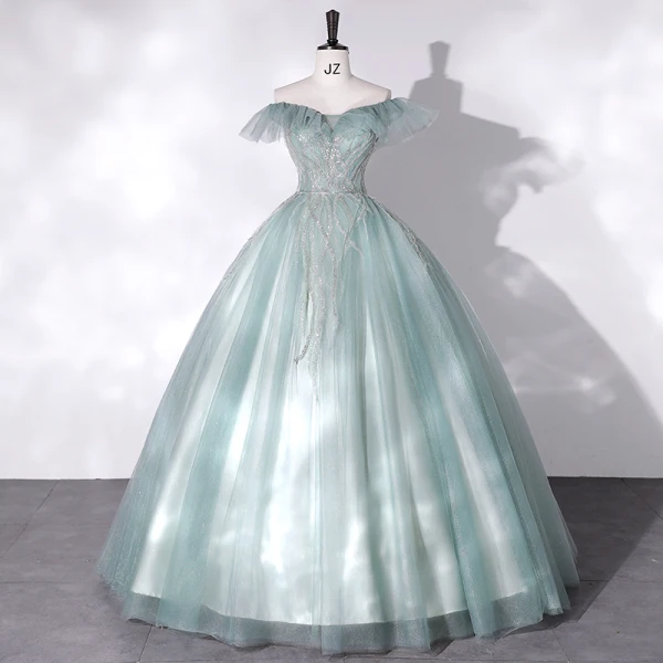 Mode Vert Robe De Bal 2022 Robe Boule De l'épaule Sans Manches Dos Nu Perlage Paillettes Longue Promo Robe De Ceremonie