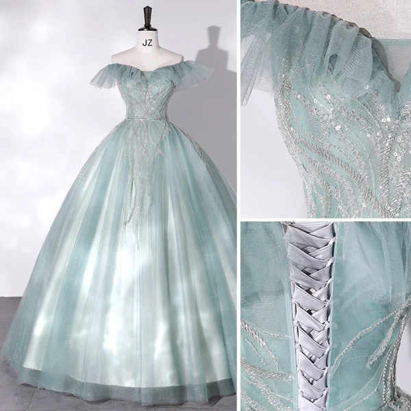 Mode Vert Robe De Bal 2022 Robe Boule De l'épaule Sans Manches Dos Nu Perlage Paillettes Longue Promo Robe De Ceremonie