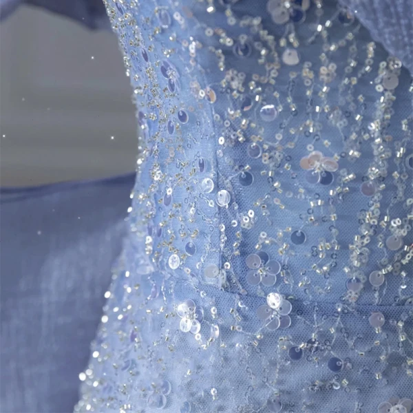 Mode Charmant Bleu Ciel Perlage Paillettes Robe De Soirée 2023 Trompette / Sirène De l'épaule Manches Courtes Dos Nu Noeud Train De Balayage Soirée Robe De Ceremonie