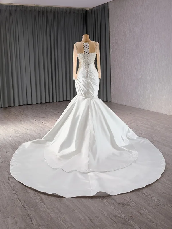 High-end Elegant White Pearl Sequins Satin Wedding Dresses 2024 Trumpet / Mermaid Scoop Neck Long Sleeve Floor-Length / Long Wedding