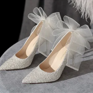 Charming Ivory Bow Sequins Wedding Shoes 2022 10 Cm Stiletto Heels Pointed Toe Wedding Pumps High Heels