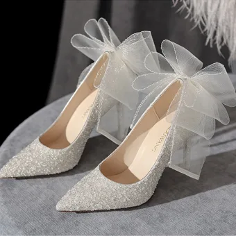 Charmant Ivoire Noeud Paillettes Chaussure De Mariée 2022 10 Cm Talons Aiguilles À Bout Pointu Mariage Escarpins Talons Hauts