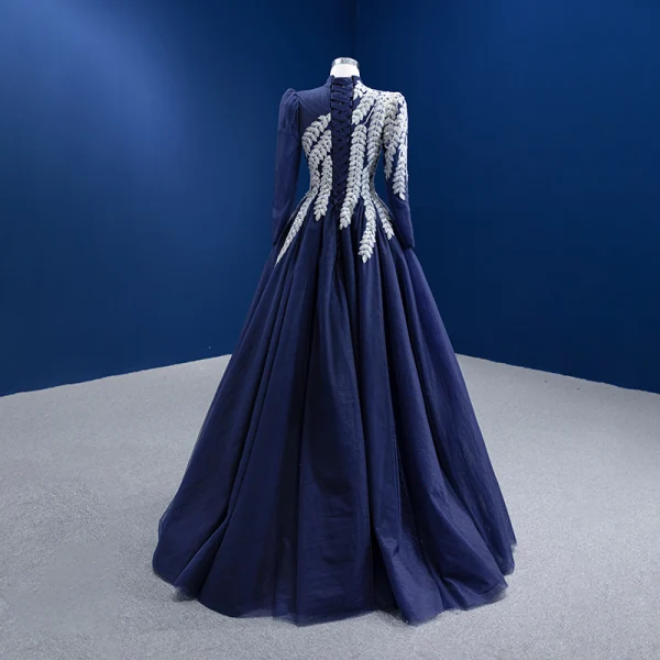 Vintage / Retro Navy Blue Lace Flower Prom Dresses 2022 A-Line / Princess High Neck Long Sleeve Floor-Length / Long Formal Dresses