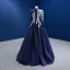 Vintage / Retro Navy Blue Lace Flower Prom Dresses 2022 A-Line / Princess High Neck Long Sleeve Floor-Length / Long Formal Dresses