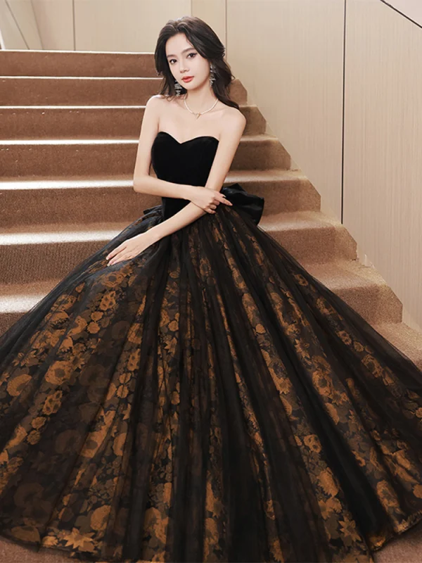 Sexy Black Evening Dresses 2023 A-Line / Princess Strapless Sleeveless Backless Bow Floor-Length / Long Evening Party Formal Dresses