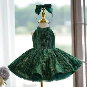 Chic Belle Vert Anniversaire Noeud Glitter Courte Robe Ceremonie Fille 2024 Robe Boule Col Haut Sans Manches