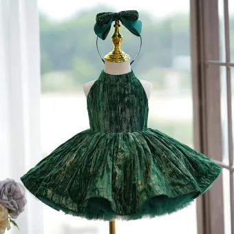 Hermoso Verde Cumpleaños Bowknot Glitter Cortos Vestidos Para Niñas 2024 Ball Gown Cuello Alto Sin Mangas
