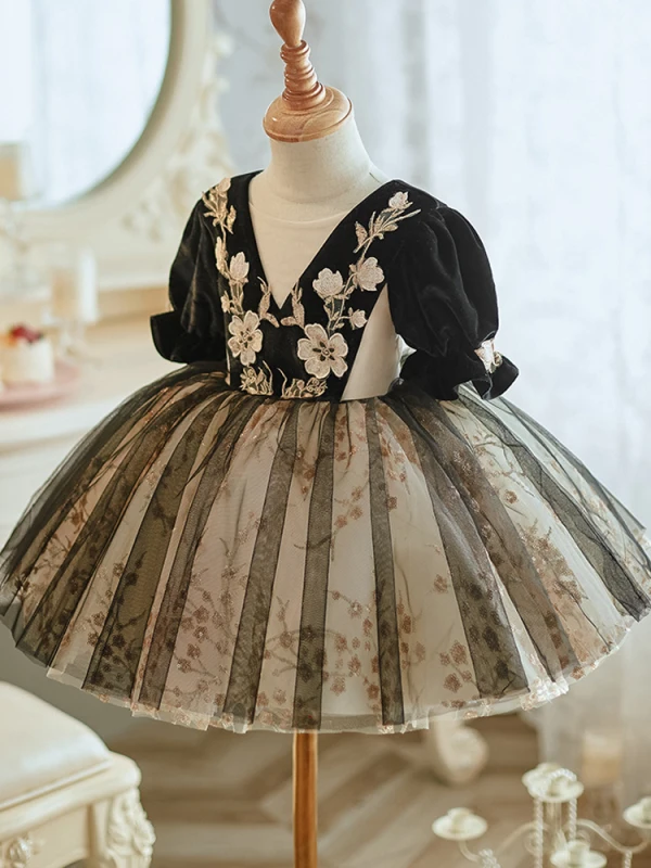 Chic / Beautiful Black Lace Flower Printing Short Birthday Flower Girl Dresses 2023 Ball Gown Scoop Neck Short Sleeve Backless Tulle
