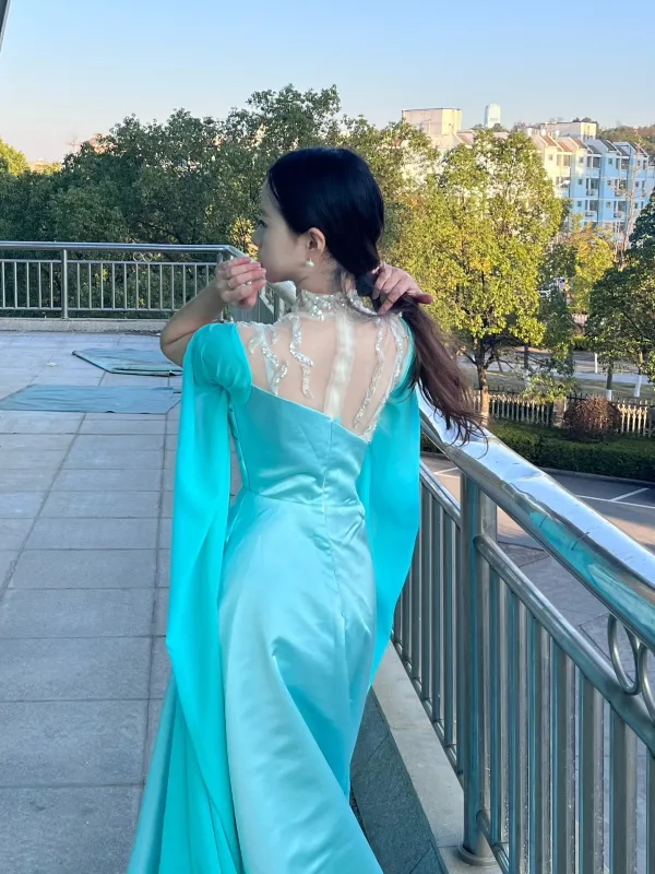Chinesischer Stil Lavendel Perlenstickerei Pailletten Ballkleider 2026 A Linie Stehkragen Lange Ärmel Sweep / Pinsel Zug Festliche Kleider
