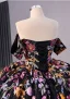 High-end Vintage / Retro Black Handmade  Sequins Lace Flower Prom Dresses 2024 Ball Gown Off-The-Shoulder Short Sleeve Backless Royal Train Prom