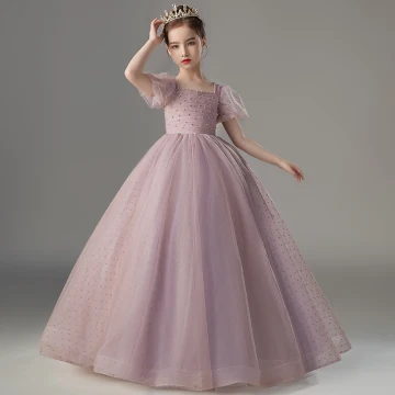 Chic Beautiful Purple Pearl Prom Flower Girl Dresses 2022 Ball Gown Square Neckline Short Sleeve Backless Floor Length Long