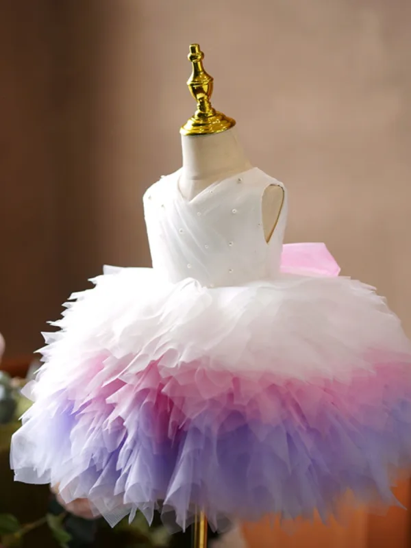 Schöne Multifarben Perle Kurze Fallende Rüsche Geburtstag Blumenmädchenkleider 2023 Ballkleid V-Ausschnitt Ärmellos