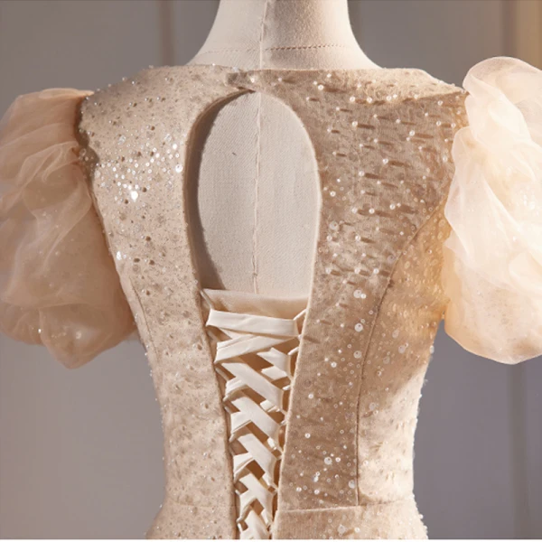Fashion Champagne Beading Pearl Sequins Evening Dresses 2023 Trumpet / Mermaid Square Neckline Puffy Short Sleeve Backless Floor-Length / Long Evening Party Formal Dresses