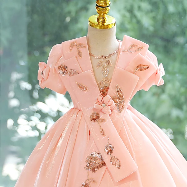Chic / Belle Rougissant Rose Perlage Paillettes Anniversaire Robe Ceremonie Fille 2023 Robe Boule Encolure Dégagée Manches Courtes Dos Nu Longue Robe Ceremonie Fille