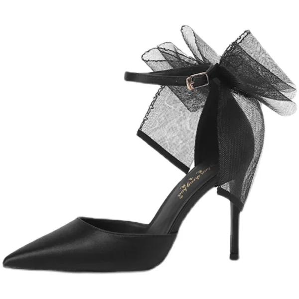 Fashion Black Evening Party Bow Womens Shoes 2022 10 cm Stiletto Heels Ankle Strap Pointed Toe Womens Shoes High Heels