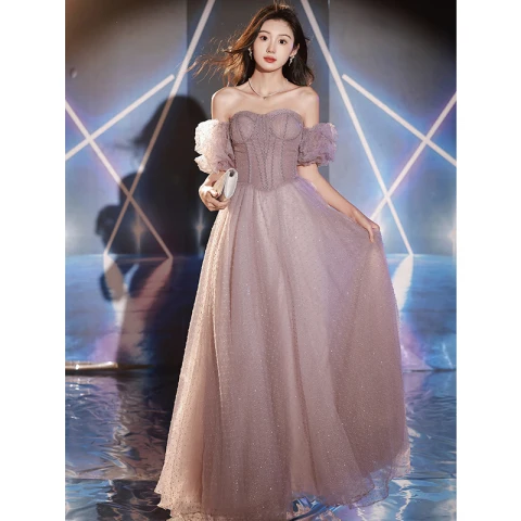 Charmant Violet Perlage Paillettes Robe De Soirée 2023 Princesse De l'épaule Manches Courtes Dos Nu Longue Soirée Robe De Ceremonie
