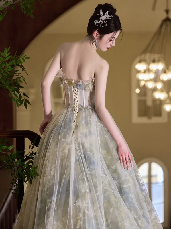 Flower Fairy Sage Green Appliques Prom Dresses 2025 A-Line / Princess Strapless Sleeveless Backless Sweep Train Prom Formal Dresses