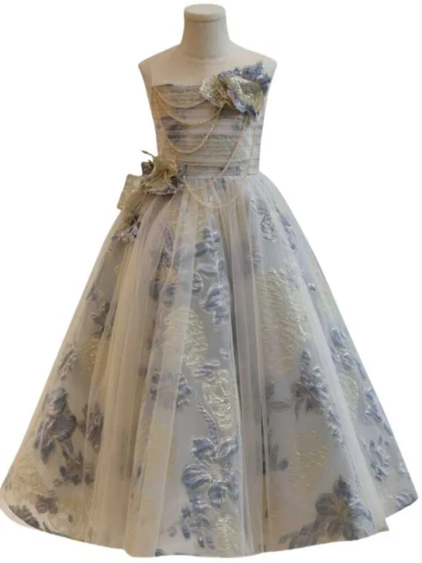 Chic / Beautiful Grey Beading Glitter Flower Birthday Flower Girl Dresses 2024 A-Line / Princess Scoop Neck Sleeveless Backless Bow Floor-Length / Long Tulle