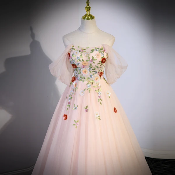 Blumenfee Rosa Pailletten Spitze Blumen Ballkleider 2023 A Linie Off Shoulder Ärmellos Rückenfreies Lange Ball Festliche Kleider